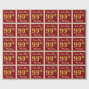 Elegant, Red, Faux Gold 99th Birthday; Custom Name Wrapping Paper
