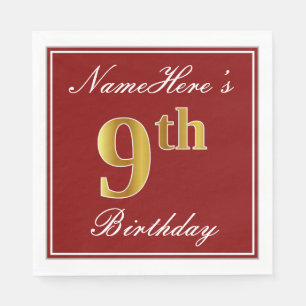 Elegant Red, Faux Gold 9th Birthday + Custom Name Napkin