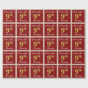 Elegant, Red, Faux Gold 9th Birthday + Custom Name Wrapping Paper