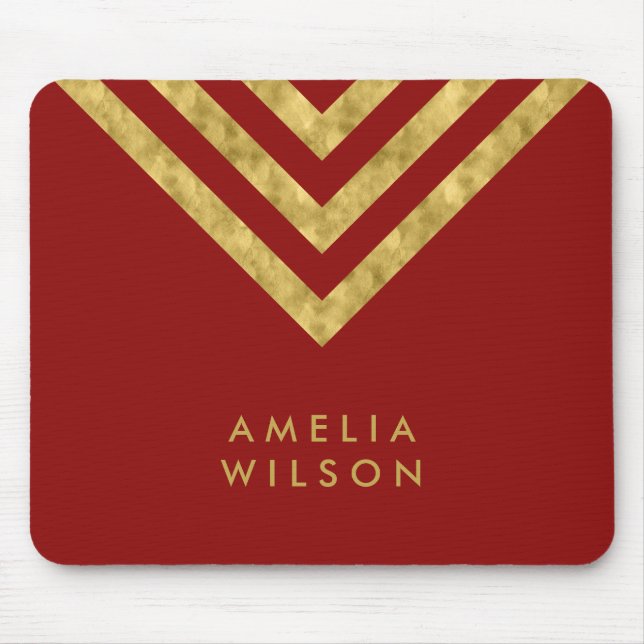 Elegant Red Faux Gold Name Chevron Geometric Mouse Pad (Front)