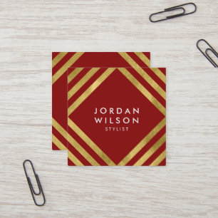Elegant Red Faux Gold Square Lines Geometric Square Business Card