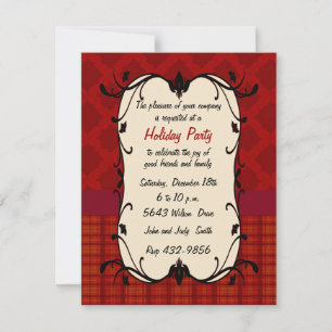 Elegant Red Floral And Plaid Holiday Invitation