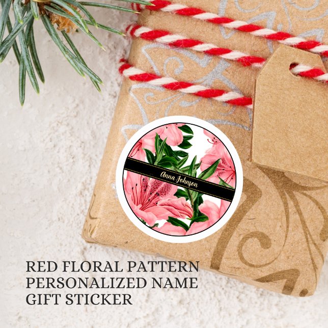 Elegant Red Floral Background Personalized Name Classic Round Sticker (Creator Uploaded)