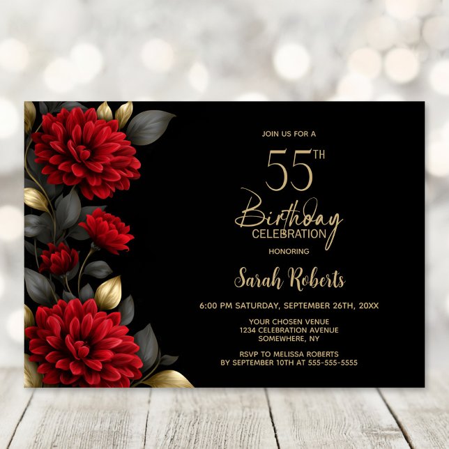 Elegant Red Floral Black 55th Birthday Party Invitation (Creator Uploaded)