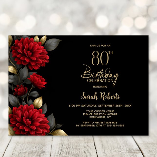 Elegant Red Floral Black 80th Birthday Party Invitation (Creator Uploaded)