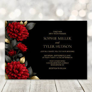Elegant Red Floral Black Wedding  Invitation