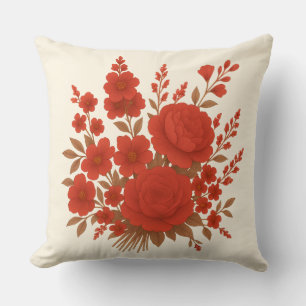 Elegant Red Floral Bouquet with Roses Romantic Throw Pillow
