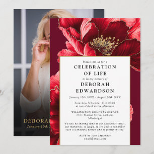 Elegant Red Floral Celebration Of Life Photo Invitation