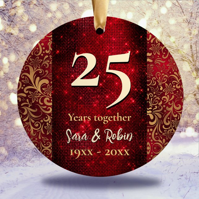 Elegant red floral Christmas wedding anniversary  Ceramic Ornament (Creator Uploaded)
