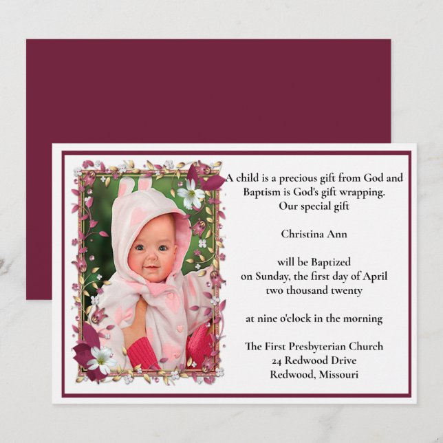 Elegant Red Floral Design Baptism Invitation (Front/Back)