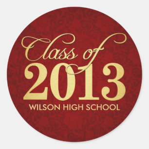 Elegant Red Floral Dmask and gold Class of 2013 Classic Round Sticker