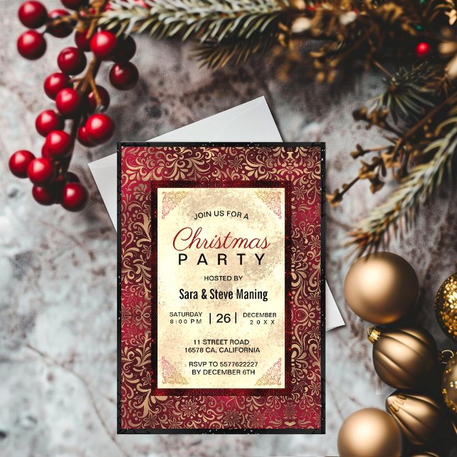 Elegant red floral faux gold Christmas  Invitation (Creator Uploaded)
