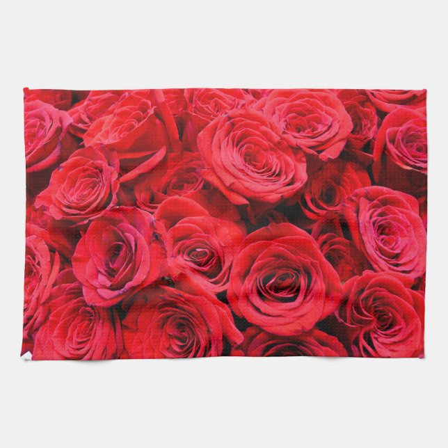 Elegant red floral flowers roses kitchen towel (Horizontal)