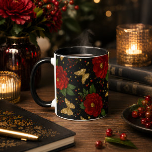 Elegant Red Floral & Gold Butterfly Mug
