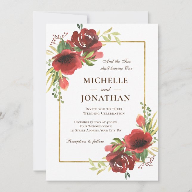 Elegant Red Floral Gold Frame Christian Wedding Invitation (Front)