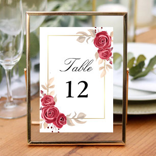 Elegant Red Floral Gold Frame Wedding Table Number
