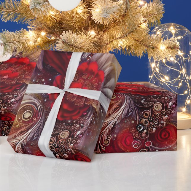 Elegant Red Floral Golden Feathers Beaded Wrapping Paper (Holidays)