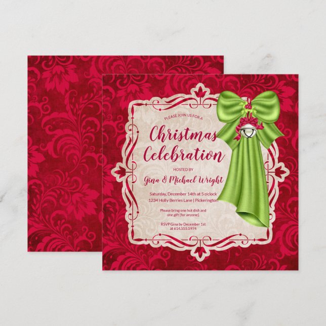 Elegant Red Floral & Green Bow Christmas Party Invitation (Front/Back)