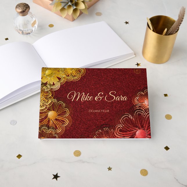Elegant Red Floral Guest Book (Front Open)