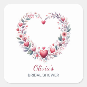 Elegant Red Floral Heart Bridal Shower Envelope Square Sticker