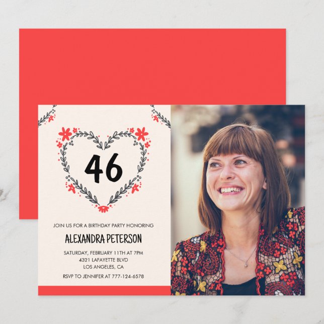 Elegant Red Floral Heart for her 46th birthday Invitation (Front/Back)