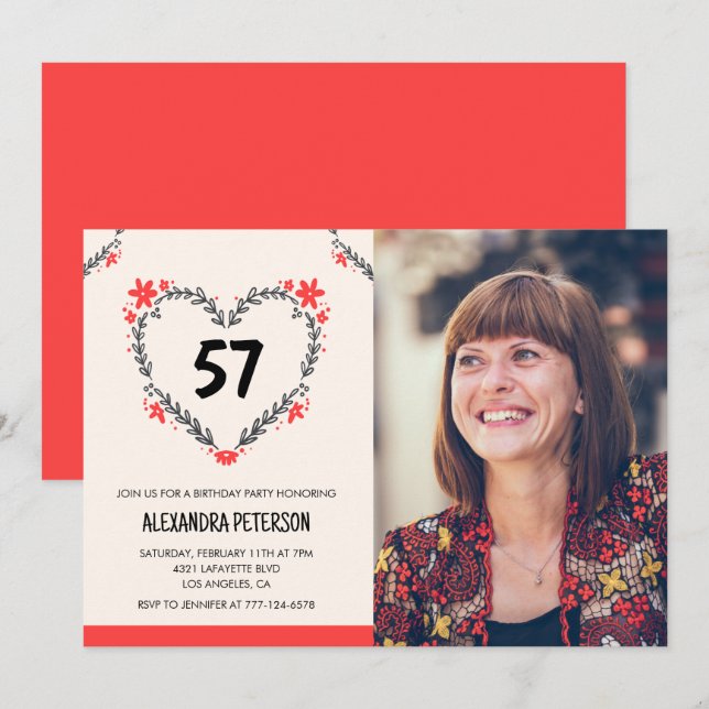 Elegant Red Floral Heart for her 57th birthday Invitation (Front/Back)