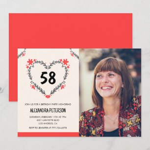 Elegant Red Floral Heart for her 58th birthday Invitation