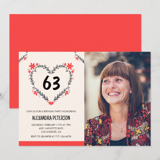 Elegant Red Floral Heart for her 63rd birthday Invitation (Front/Back)