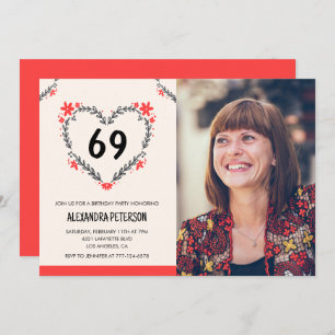 Elegant Red Floral Heart for her 69th birthday Invitation