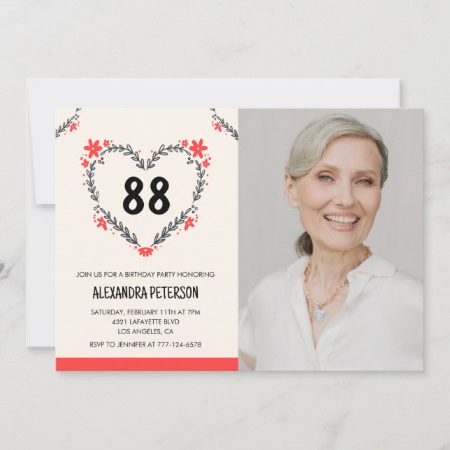Elegant Red Floral Heart for her 88th birthday Invitation (Front)