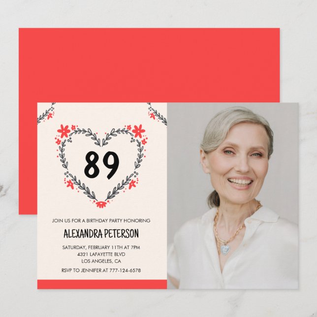 Elegant Red Floral Heart for her 89th birthday Invitation (Front/Back)