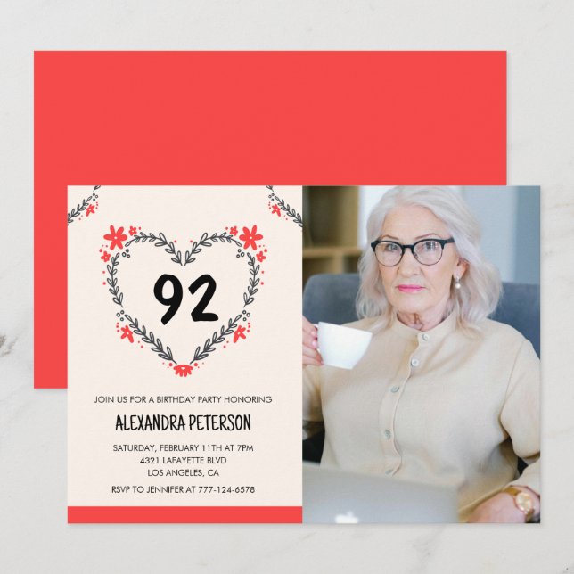 Elegant Red Floral Heart for her 92nd birthday Invitation (Front/Back)