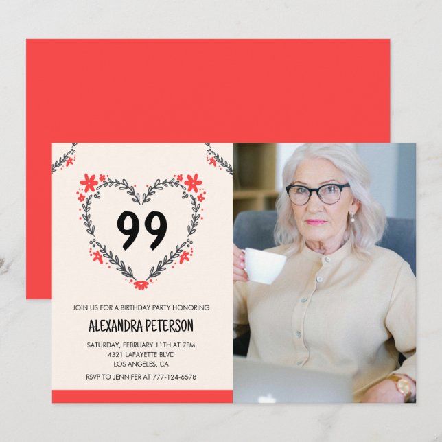Elegant Red Floral Heart for her 99th birthday Invitation (Front/Back)