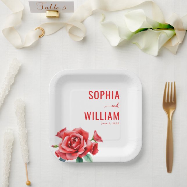 Elegant Red Floral Paper Plate (Wedding)