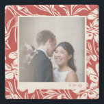 Elegant Red Floral Pattern Custom Photo   Stone Coaster<br><div class="desc">This personalized stone coaster features a cream and red floral border with a central space for your photo, framed in a vintage-inspired style. A small date or caption can be added in the lower corner for a custom touch. Perfect for wedding keepsakes, anniversaries, or romantic gifts that combine function with...</div>