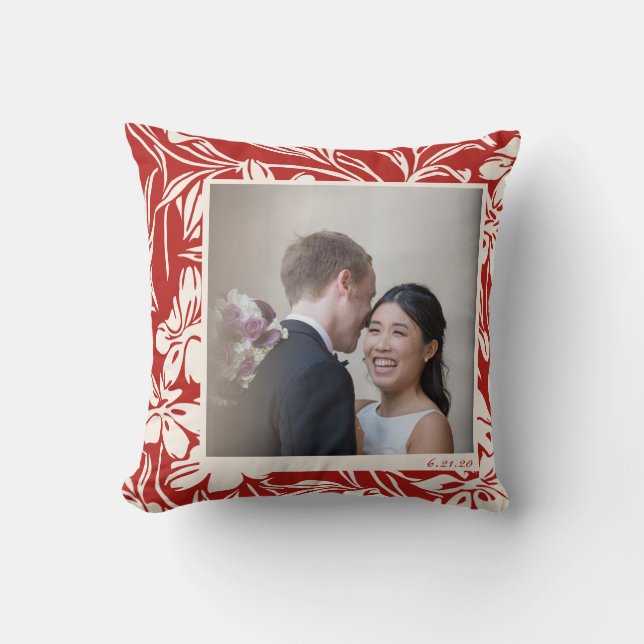 Elegant Red Floral Pattern Custom Photo Throw Pillow (Front)