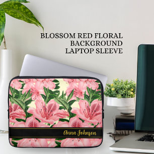 Elegant Red Floral Pattern Personalized Name Laptop Sleeve