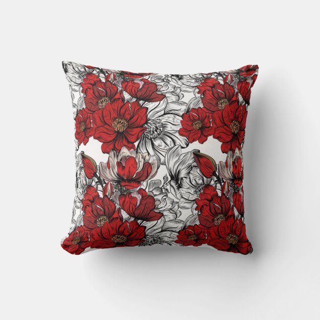 Elegant Red Floral Pattern Throw Pillow (Front)