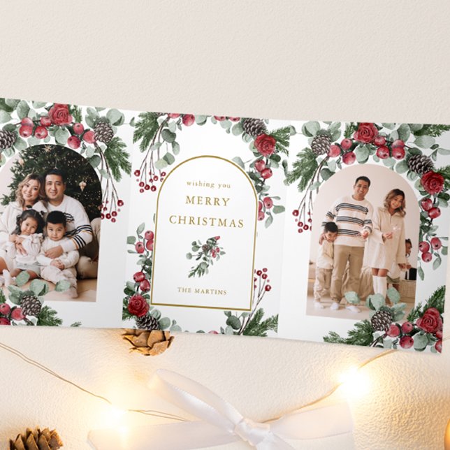 Elegant Red Floral Photo Christmas Tri-Fold Holiday Card (Creator Uploaded)