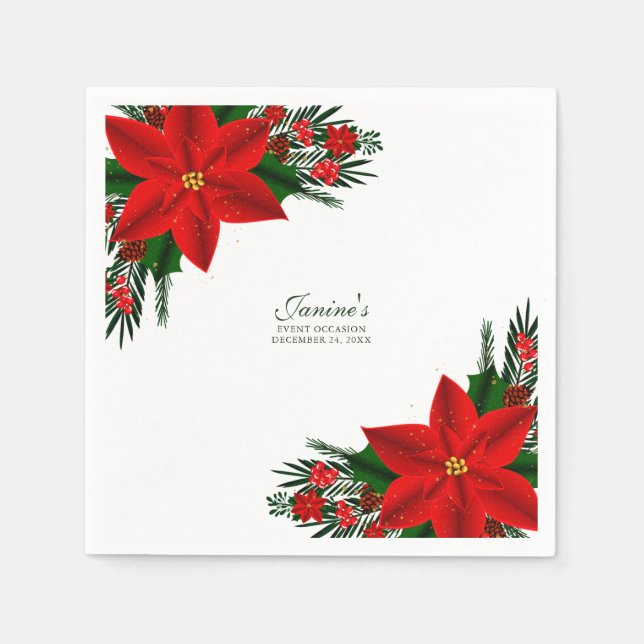 Elegant Red Floral Poinsettia Pine Greenery Leaves Napkin (Front)