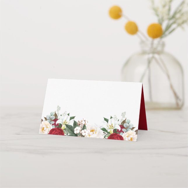 Elegant Red Floral Quinceañera Birthday Place Card (Front)