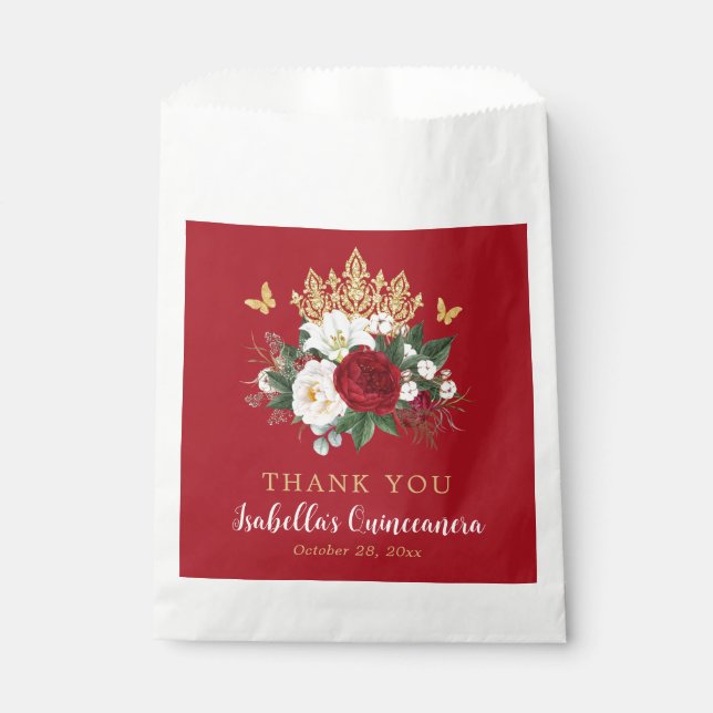 Elegant Red Floral Quinceañera Thank You Favour Bag (Front)