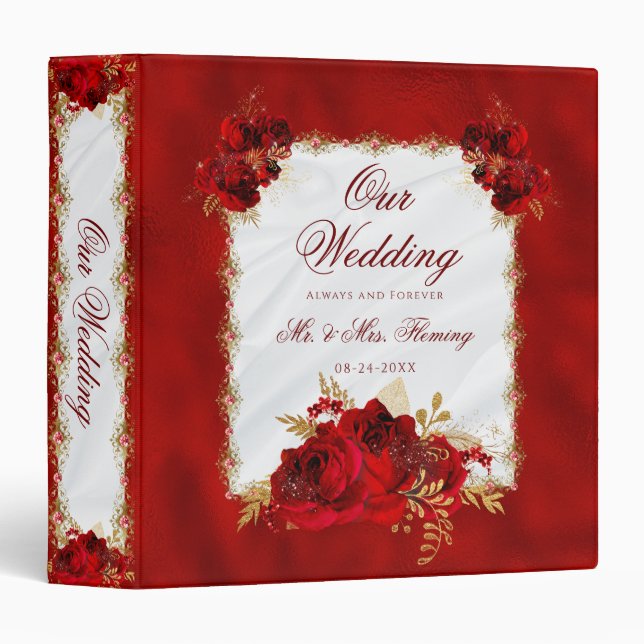 Elegant Red Floral Script Wedding Memories Binder (Front/Spine)