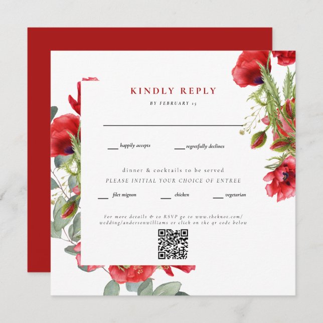 Elegant Red Floral Square Wedding QR Code RSVP II (Front/Back)