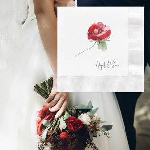 Elegant Red Floral Stem Personalized Wedding Napkin