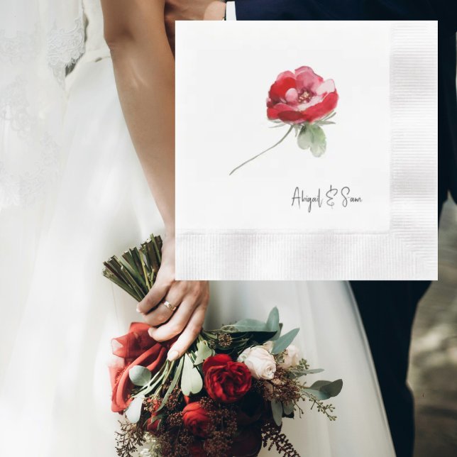 Elegant Red Floral Stem Personalized Wedding Napkin (Creator Uploaded)