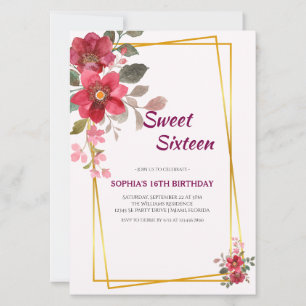 Elegant Red Floral Sweet Sixteen Gold Frame Invitation