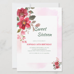 Elegant Red Floral Sweet Sixteen Pink Accents Invitation