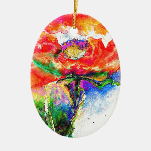Elegant red floral watercolor painting ceramic ornament (Front)
