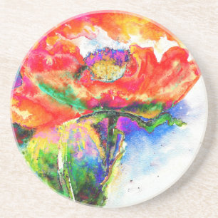Elegant red floral watercolor painting coaster
